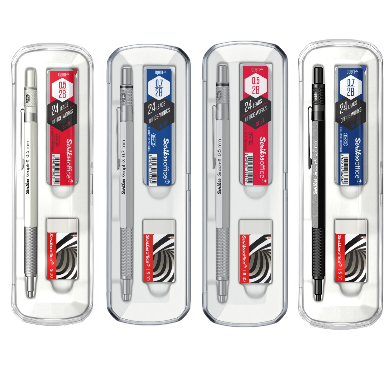 

Scrikss Office Graph-X Mechanical Pencil Set (Chrome Plated 0.5-0.7mm 2B Rotary Handle Mechanical Pencil, Soft Eraser, 24 leads)