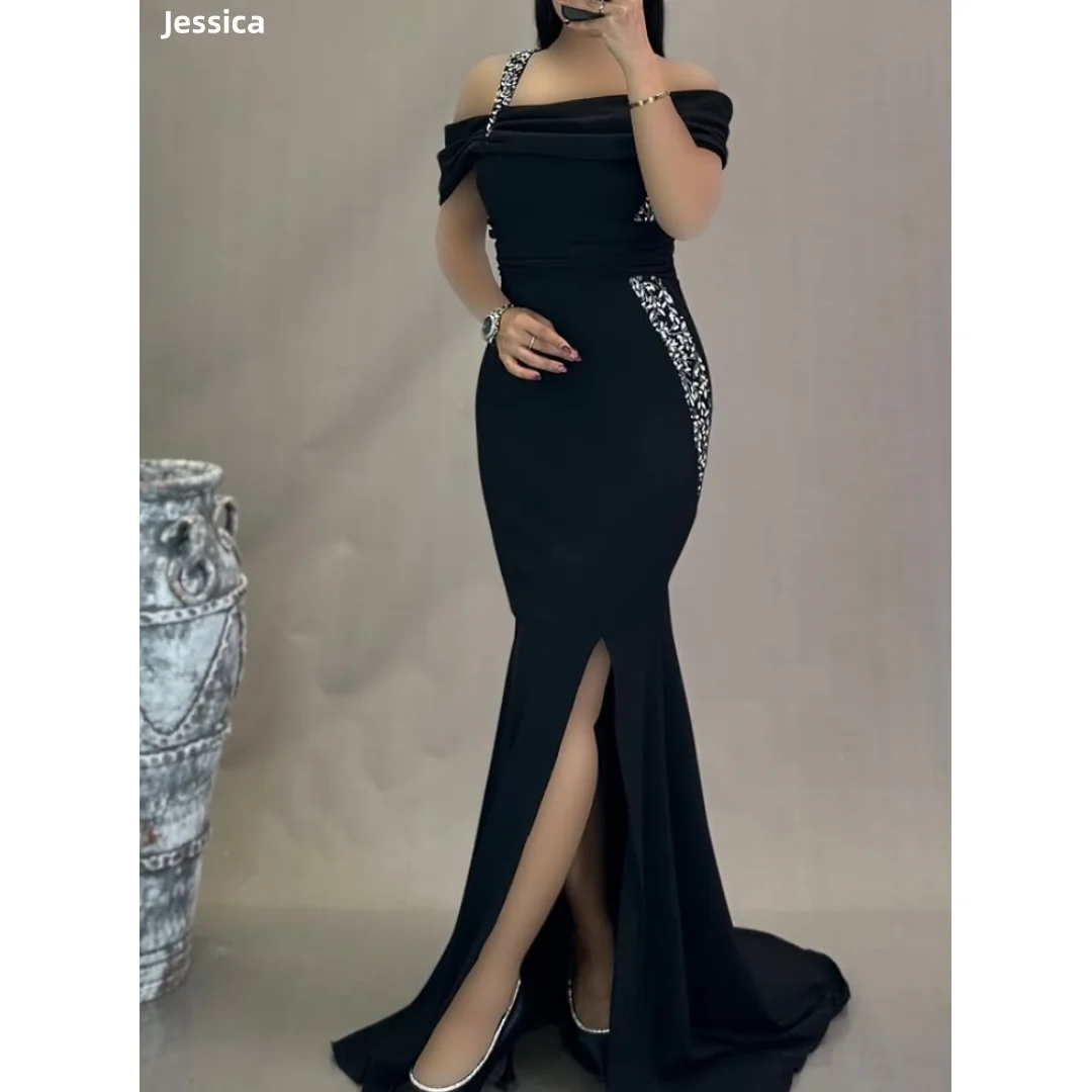 

Jessica Handmade Beads Evening Dresses Elegant Lady Prom Dresses Black Four-way Stretch Slim Fit Party Dresses Customized