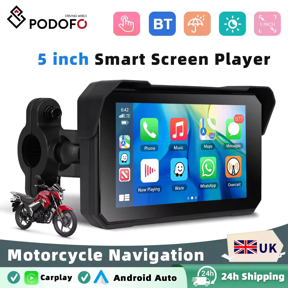 Podofo Wireless Carplay Android Auto Portable Smart Player 5 Inch Multimedia Video Player EQ BT For Motorcycle