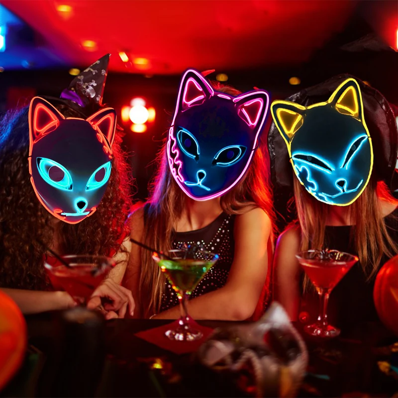 LED Glowing Cat Face Mask Cool Cosplay Neon Demon Slayer Fox Masks per Halloween Birthday Gift Carnival Party Masquerade Decor