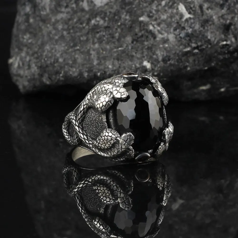 Cobra Pattern Zircon Gemstone 925 Sterling Mens Silver Ring, Gift for Men Jewelry, Real Natural Stone, Vintage, free Shipping