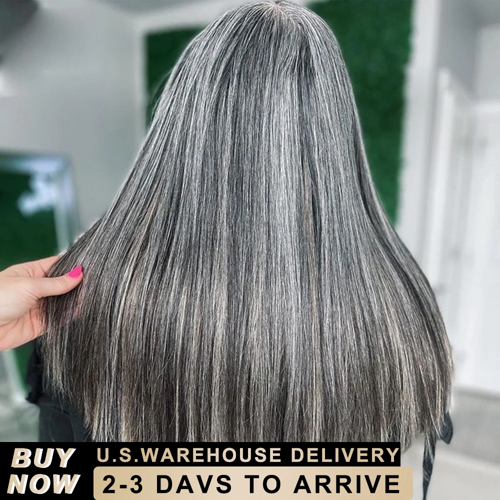 

Silver Grey Straight Lace Front Wig 100% Brazilian HD Transparent Lace Frontal Human Hair Wigs 36 40 Inch Pre Plucked For Women