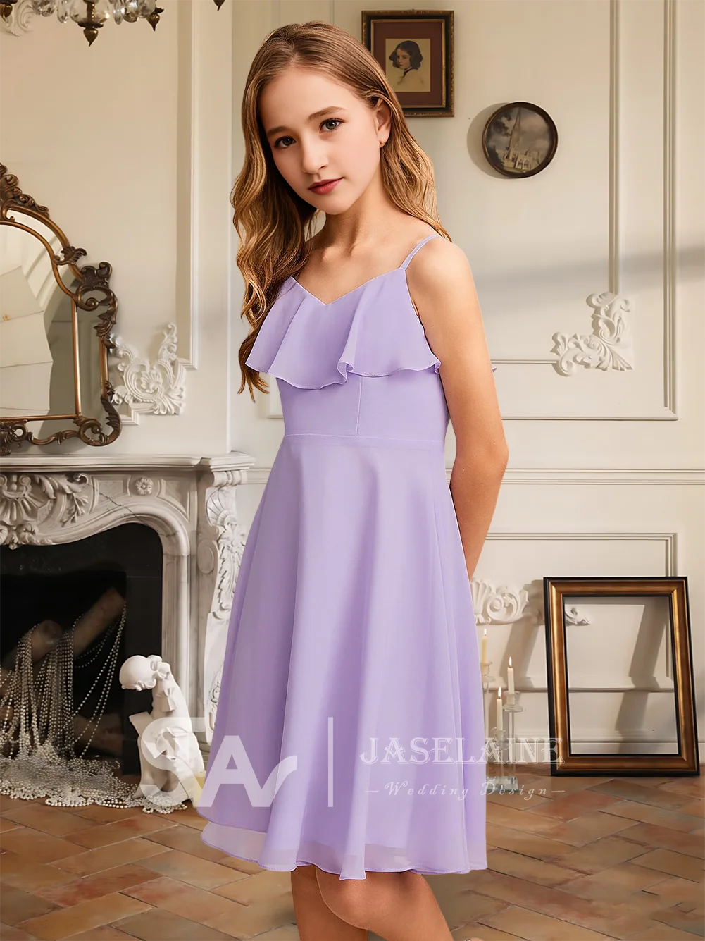 Элегантное шифоновое платье трапециевидной формы с v-образным вырезом длиной до колена для юных подружек невесты цвета слоновой кости, платье с цветочным узором для девочек, вечерние, свадебные, торжественные мероприятия