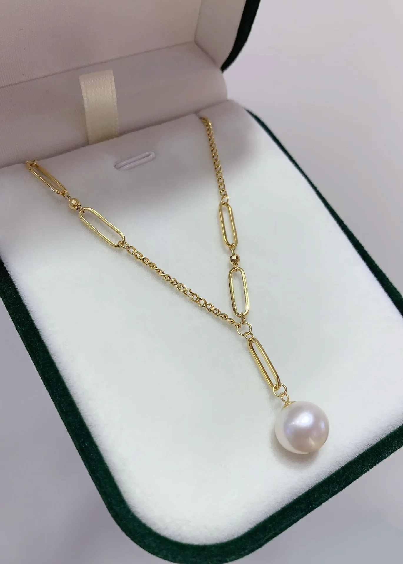 DSHIJOJ 18K Gold Link Chain Women Necklace 8-9mm Freshwater Pearl Pendant