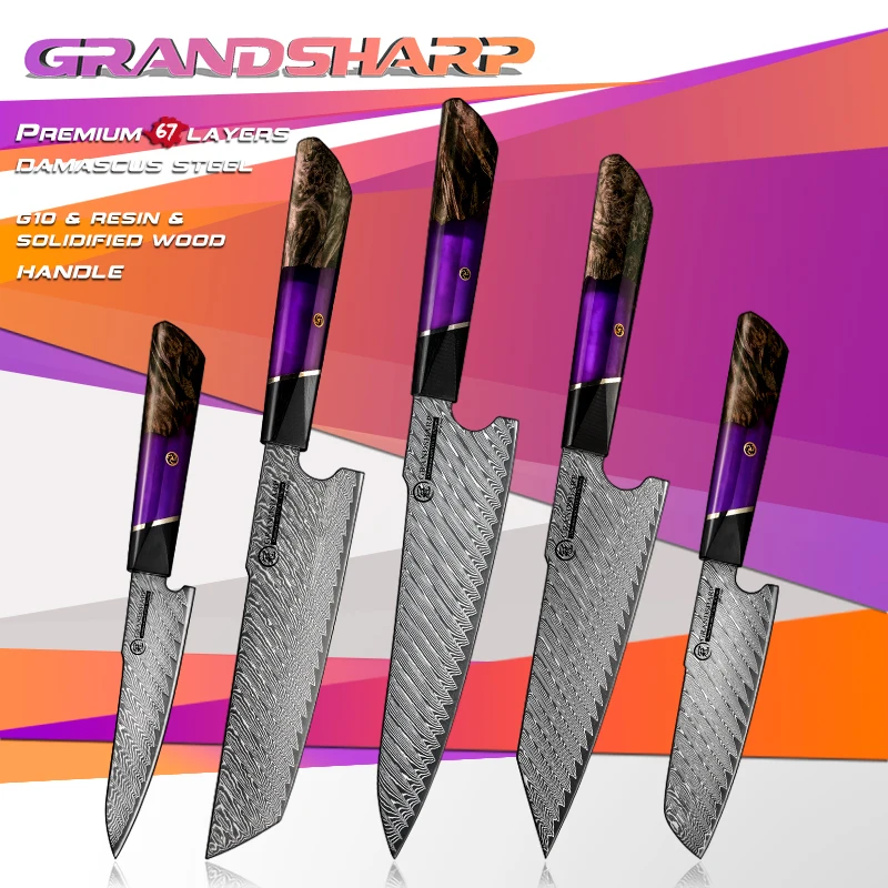 

Japanese Kitchen Knives 5 Pcs Chef Knife Set 67 Layers Damascus Stainless Steel Cooking Tools Orange Purple Handle Premium Knife