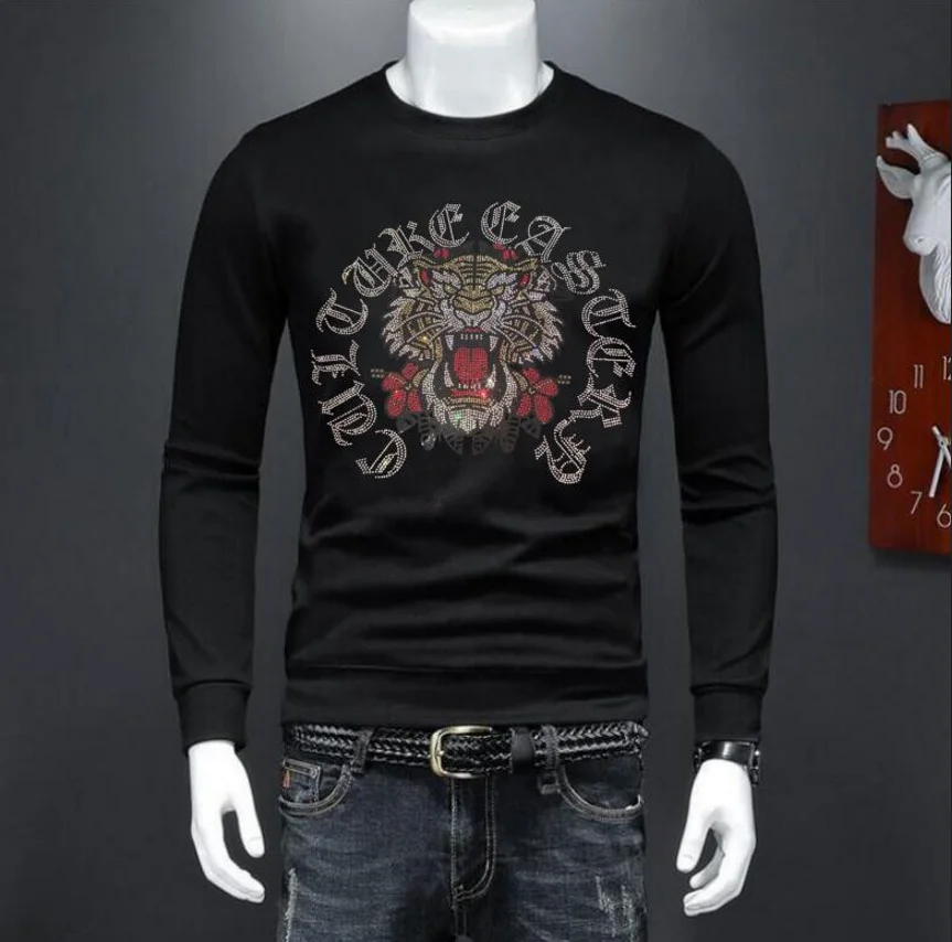 

Luxury Men Hip Hop Sweatshirt Designer Rhinestone O-neck Streetwear Male Rhinestone Slim Fit