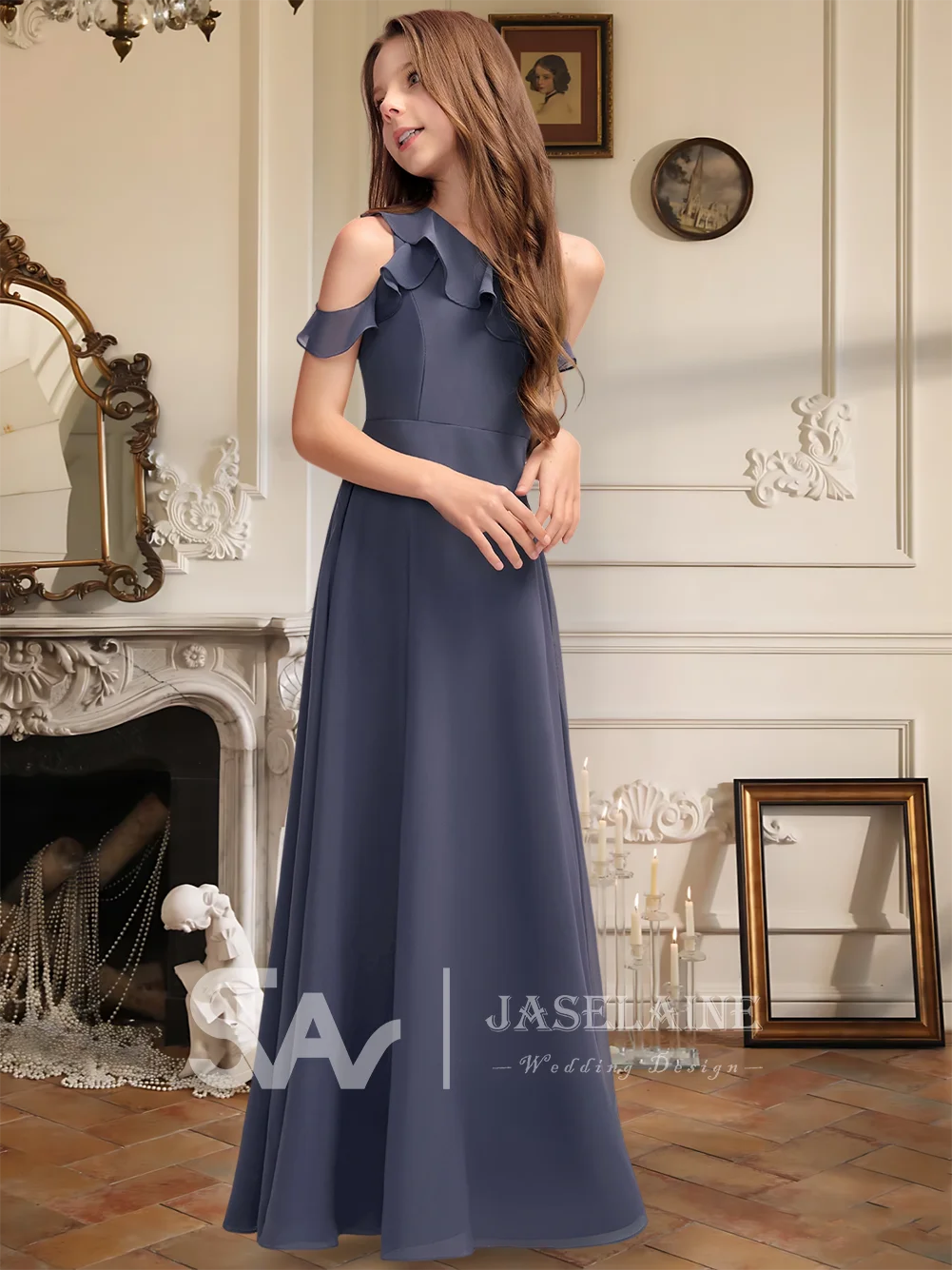 

A Elegant A-Line One Shoulder Floor-Length Chiffon Junior Bridesmaid Dress Stormy Flower Girl Dress Girls Party Wedding Formal