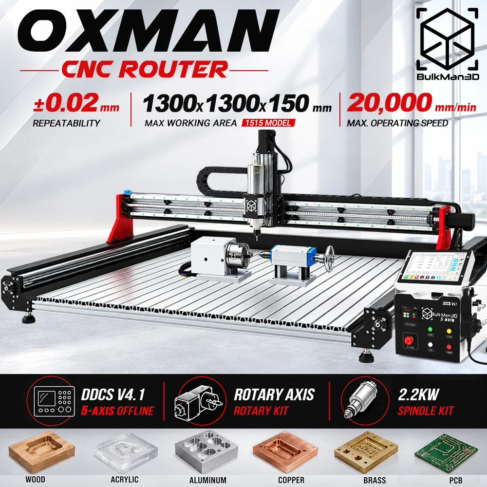 BulkMan3D OXMAN CNC Engraver Industrial 5-Axis DDCSV4.1 Offline Control, SFU1610 Ball Screws, Dual Linear Rails, 2.2KW Spindle