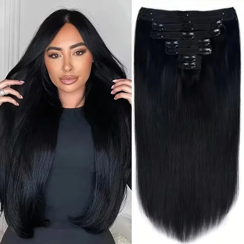 Extension a clip in capelli veri per donne e ragazze, capelli neri naturali e lisci con clip sicure e sistema a doppia catena, per volume e lunghezza, ideali per trecce, code di cavallo, acconciature