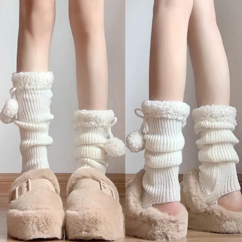 

Шерстяные вязаные чехлы для ног, теплые вязаные носки в японском стиле Лолиты, зимние теплые носки, гетры с шариками для женщин