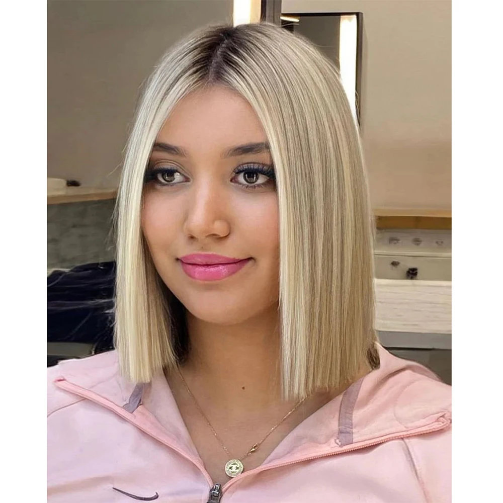 10” Short Platinum Blonde Roots Bob Wig Balayage Blonde Wig Ombre HD Invisible Pre-Plucked Lace Front Wig 100% Virgin Human Hair