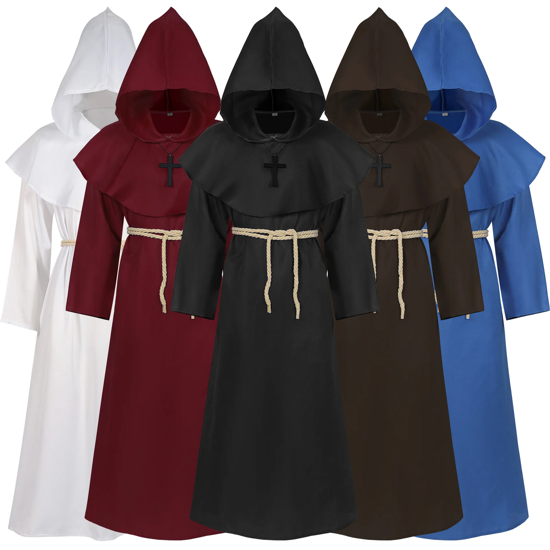 New Wizard Costume Halloween Cosplay Costume Medieval Hooded Robe Monk Friar Robe Priest Costume Ancient Clothing Christian Suit