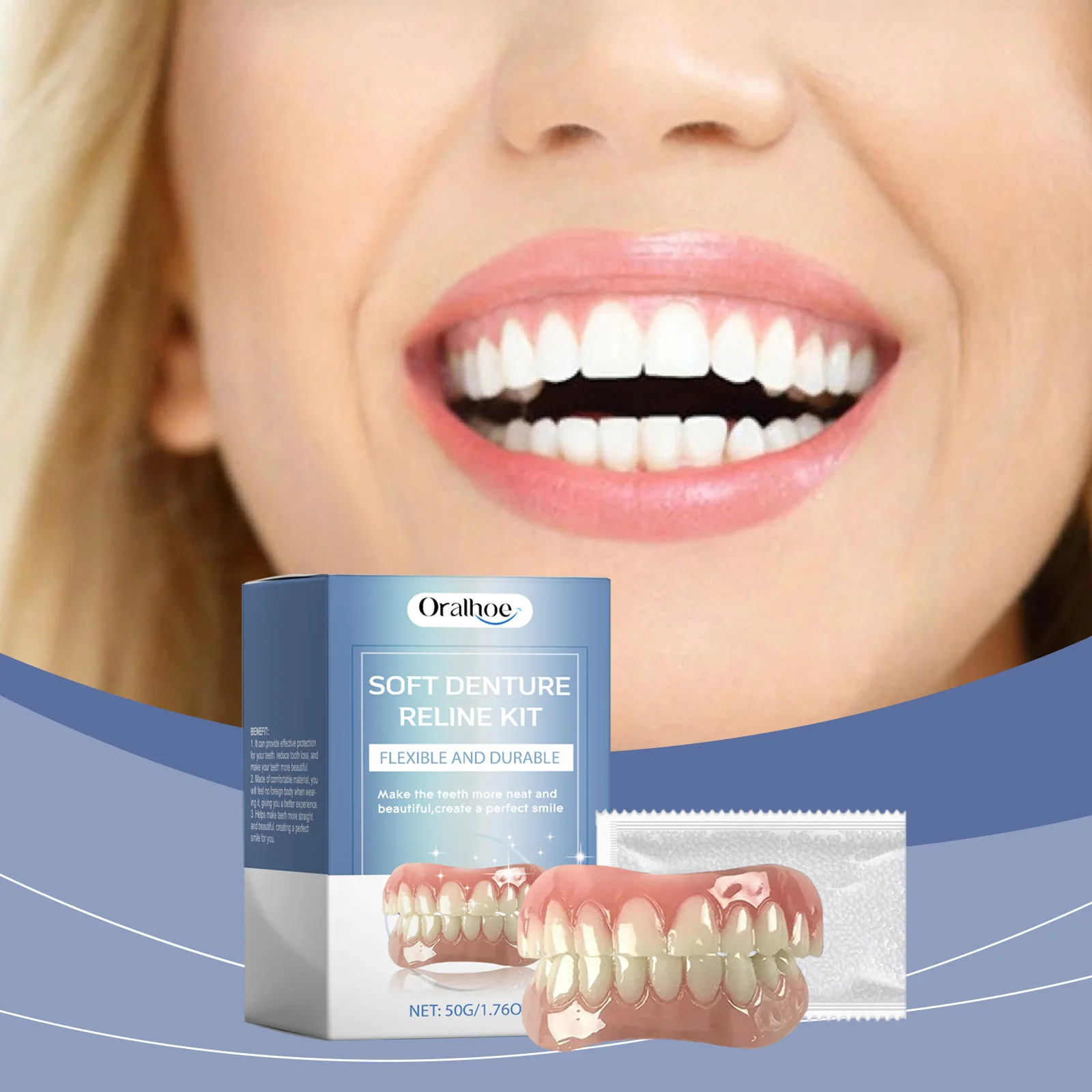 50g Moldable Thermal Beads Denture Relining Kit Reusable Silicone Temporary False Teeth Top Bottom Veneers Snap Cosmetic Teeth