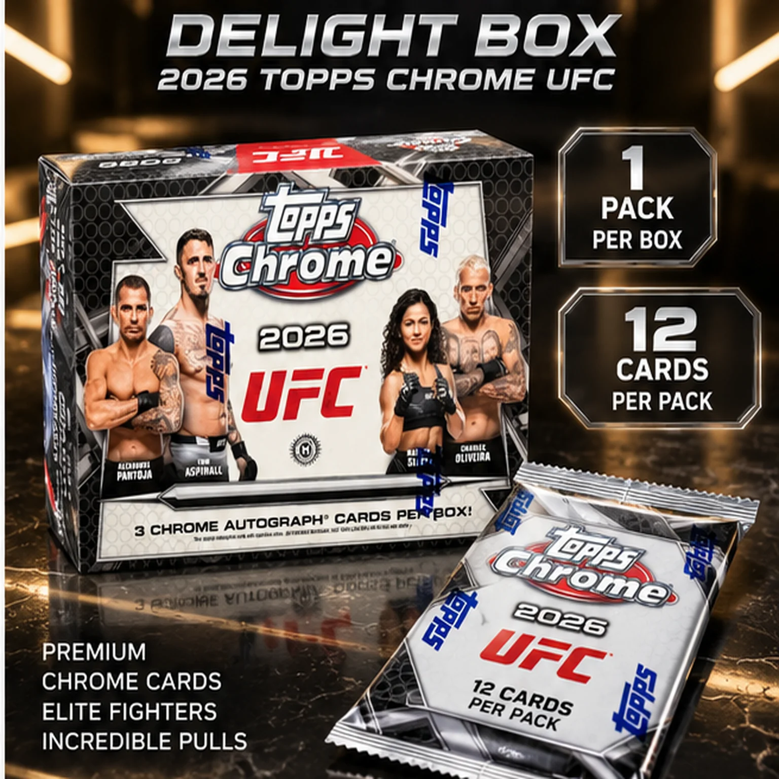 2026 Topps Chrome Combat Sports Delight Box, 1 Pack Per Box, 12 Cards Per Pack, Premium Fight Trading Cards for Single Pack Collecting and Combat Sports Hobby