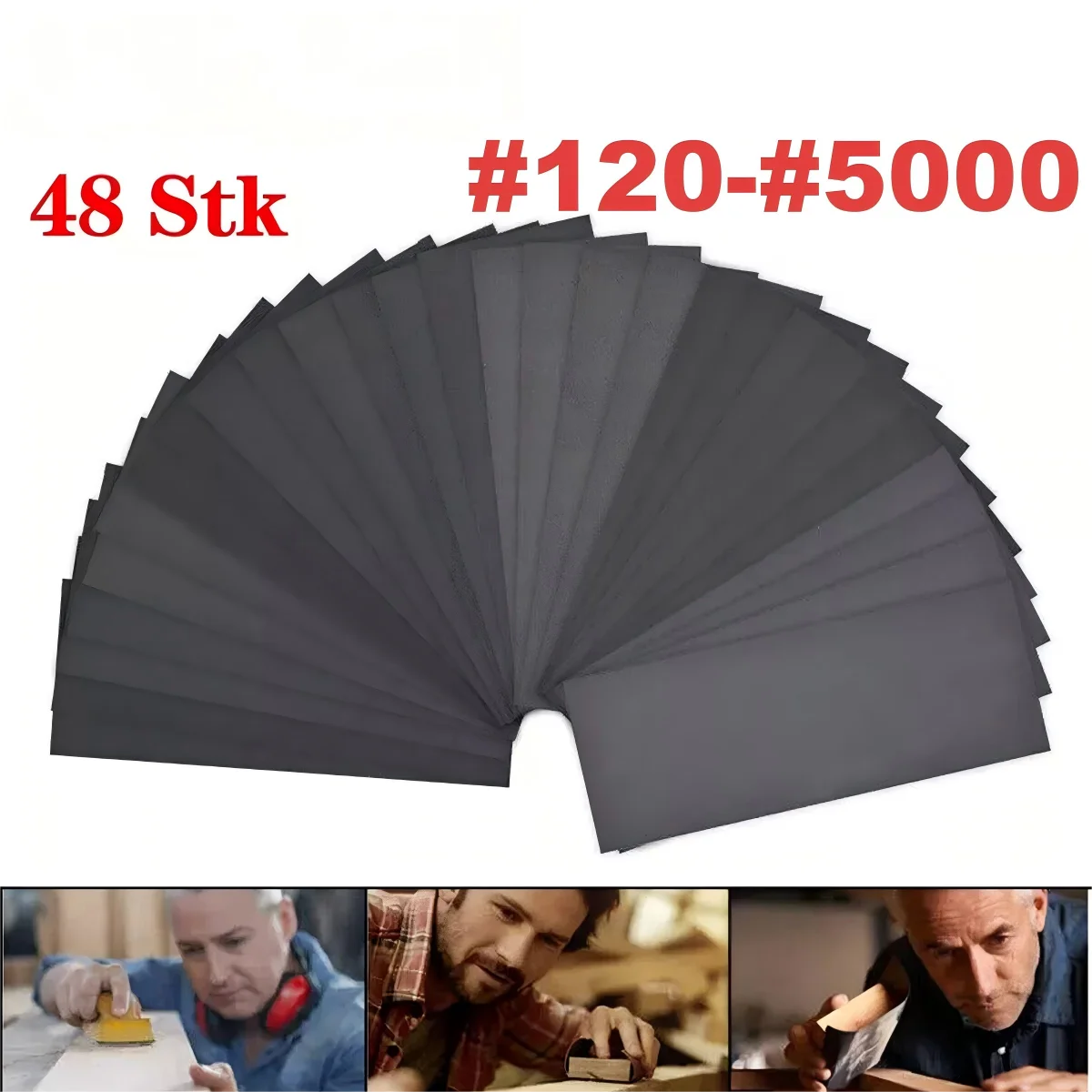 Schleifpapier, 48 Stück Schleifpapier, 80-3000 verschiedene Körnungen, 9 x 3,6 Zoll Premium Nass-Trocken-Schleifpapier für die Oberflächenbearbeitung von Holzmöbeln, Metallschleifen, Autopolitur