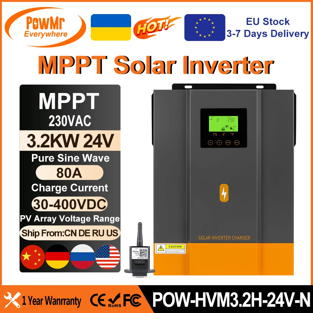 PowMr 3.2KW 24V Hybrid Solar Inverter 12V 220V Pure Sine Wave 80A MPPT Solar Charge Controller Charges Lithum Battery With WIFI