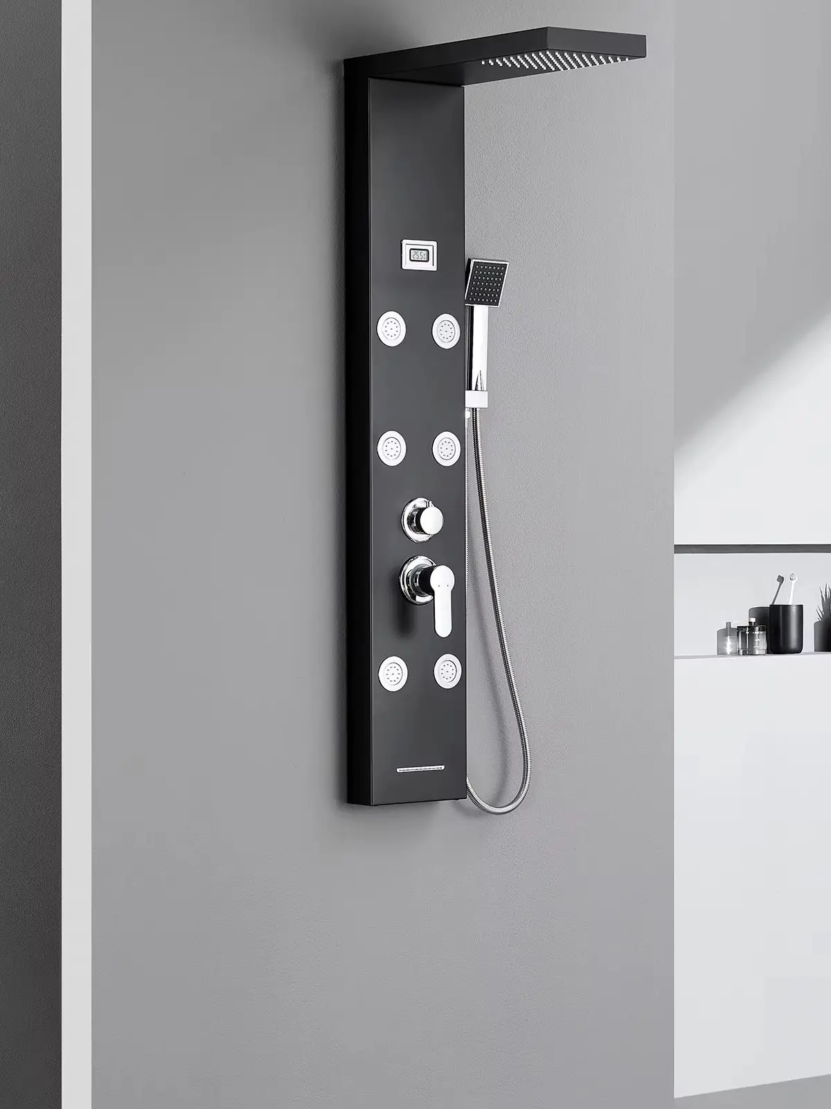 Schwarze Duschwand, 4-Funktions-Hydromassage-Duschsäule mit Display, Edelstahl 304, schwarz, mit Regenduschkopf und Wasserfall