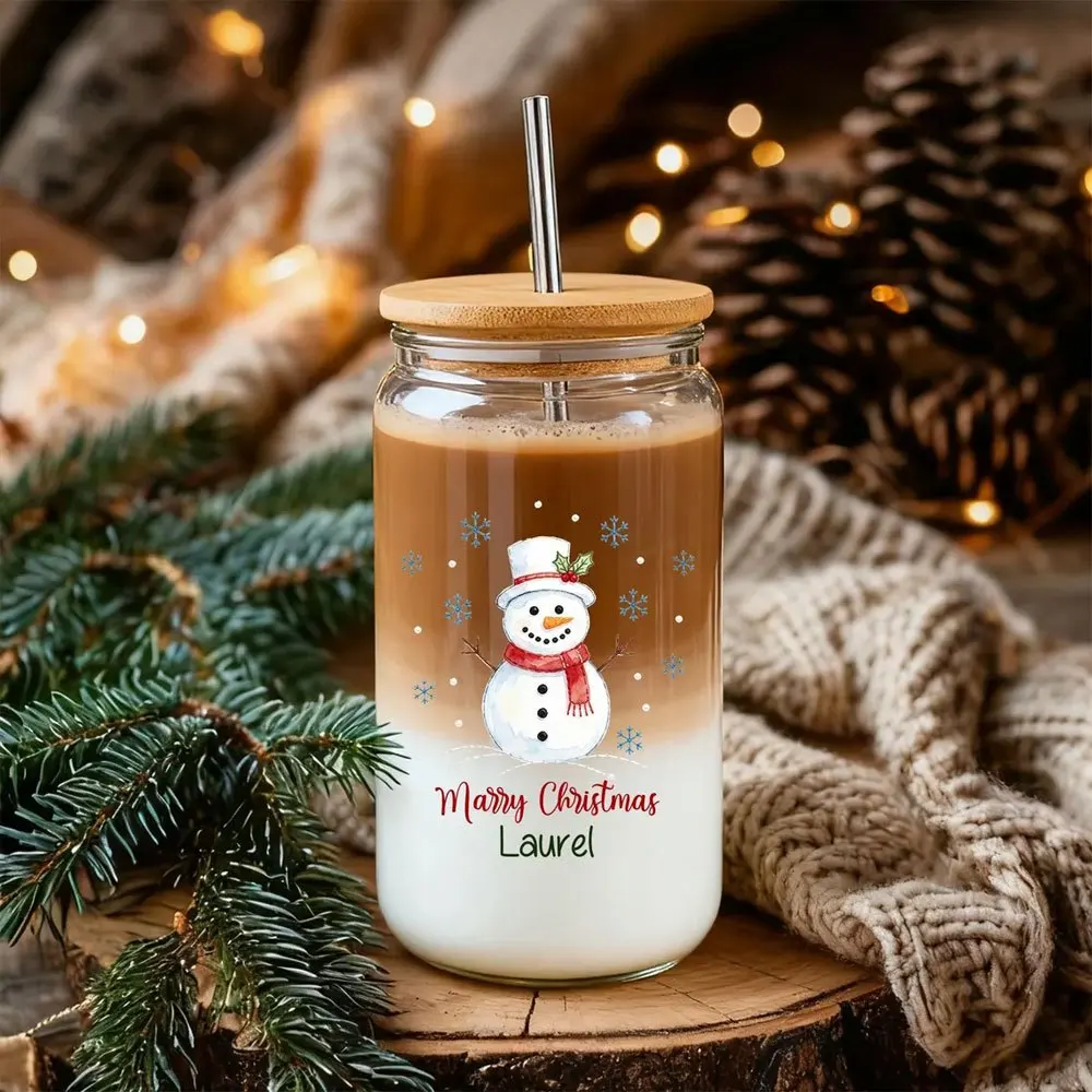 Custom Name Snowman Christmas Glass Can Cup, 16oz Iced Coffee Glass Tumbler with Bamboo Lid and Metal Straw, Winter Gift
