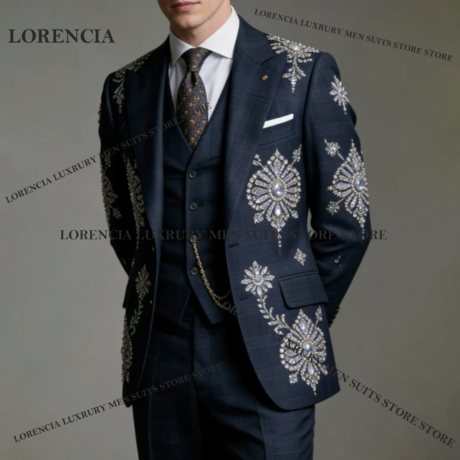 

Customized Glitter Crystal Men suits For Wedding Groom Embroidery Sequin Male Prom Party Luxury Blazer 3 Pieces Set Tuxedos Slim