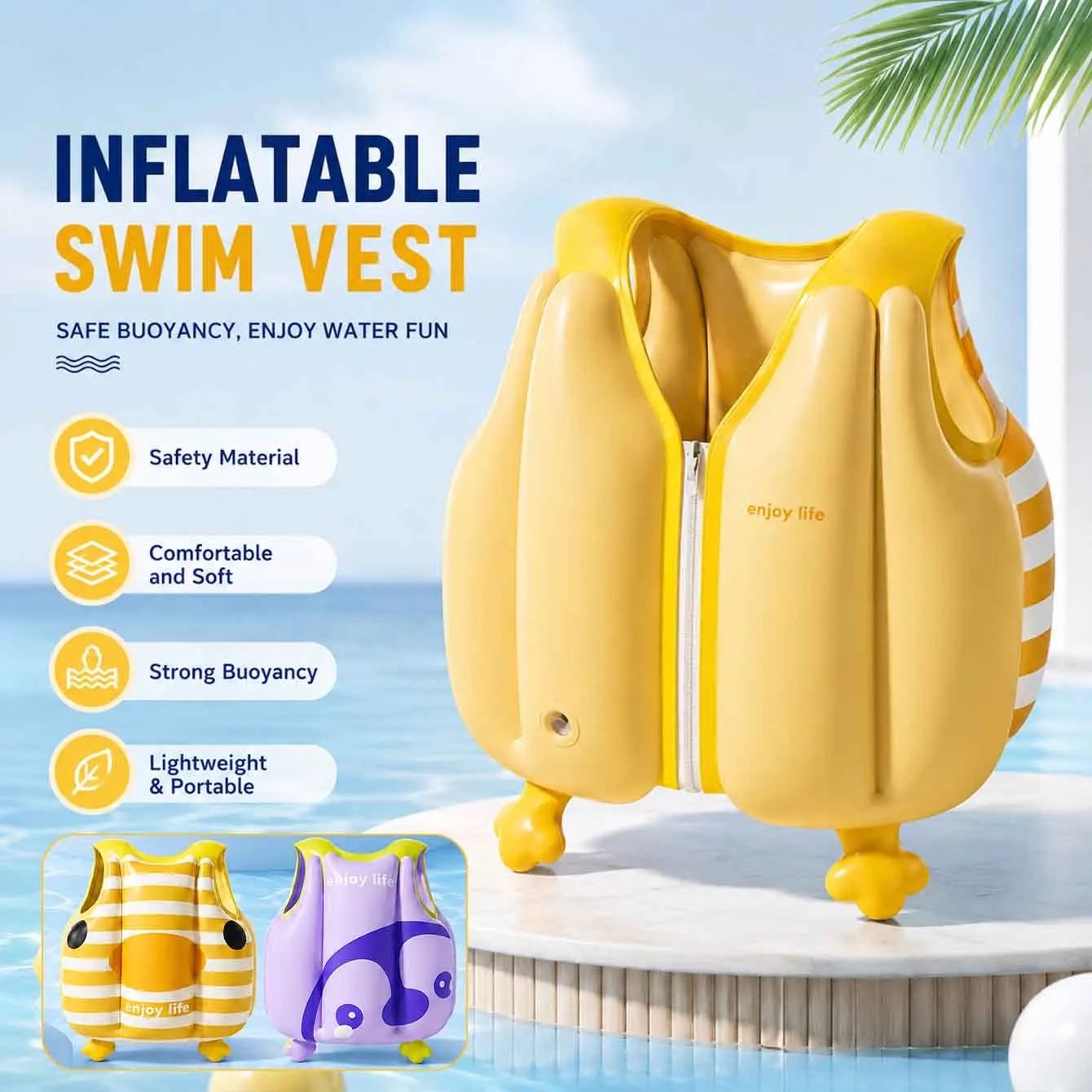1PC Swim Vest -Not Falling Off Vest Anti Rollover Adjustable Swimming Jackets Cartoon Stable Inflation-Free Buoyancy  Vest