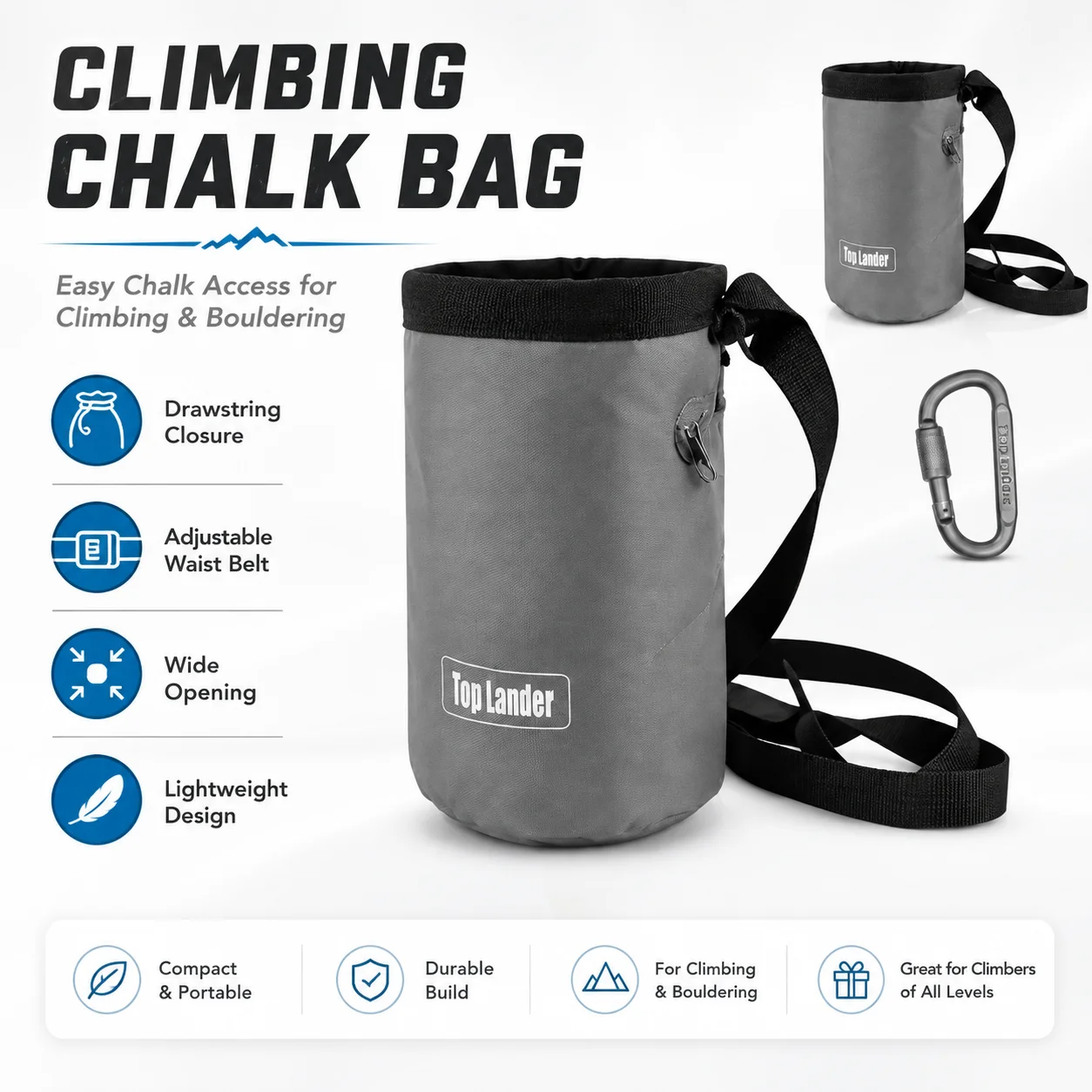 Chalk Bag Bouldering - Klimkrijtzak met verstelbare heupriem en accessoirekarabijnhaak,