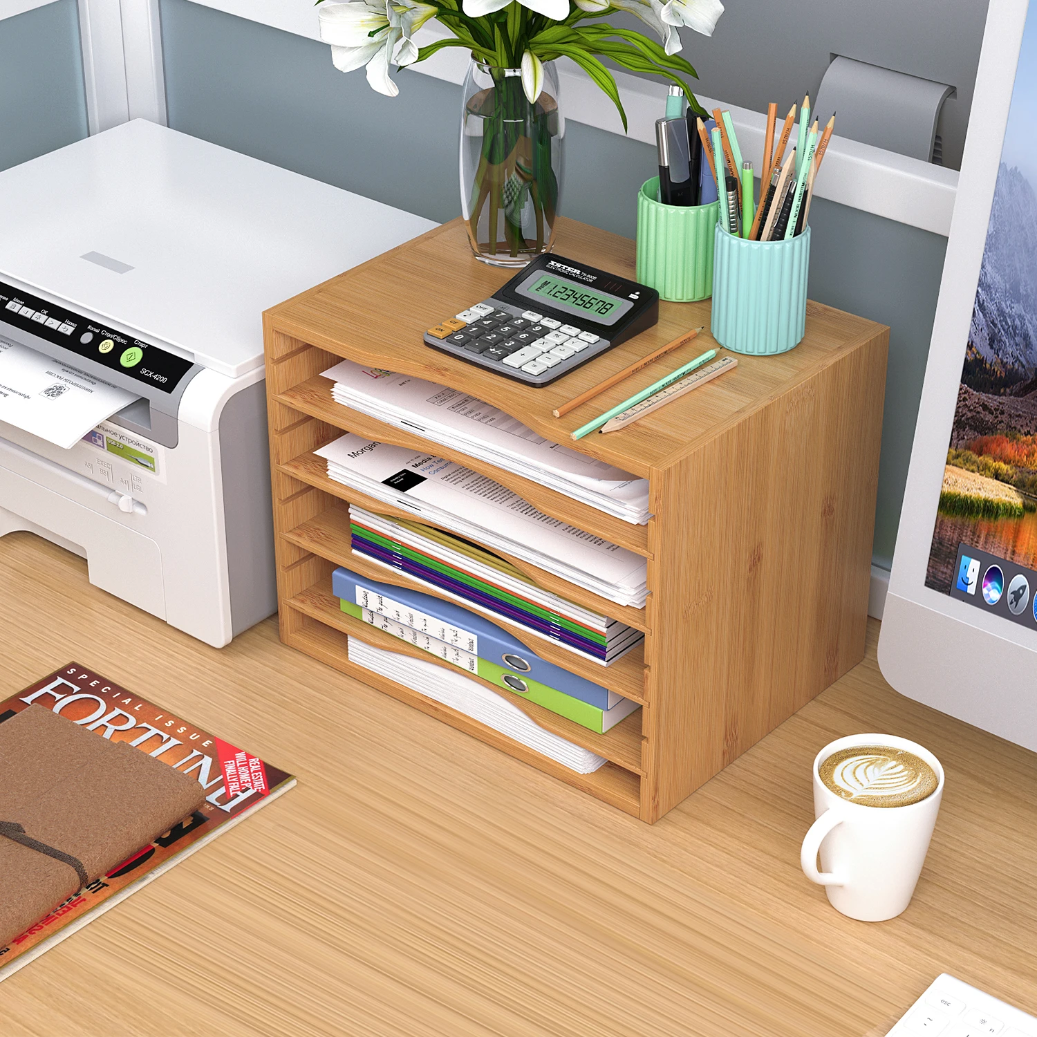 Getone Office File Tray, Bamboo Desk Tidy Organiser, File Sorter, 5 Tier Document/Paper/Letter Tray 36x25x26cm