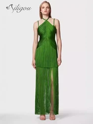 Ailigou 2024 New Women'S Green Sexy Sleeveless Tight Fringe Long Bandage Dress Elegant Celebrity Party Evening Dress