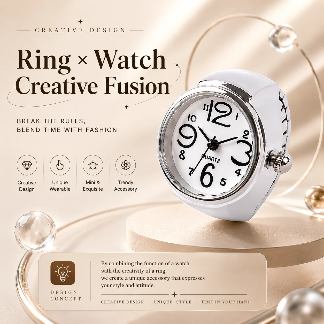 New creative ring watch, a cute quartz finger watch for women and students. It features a colorful dial,