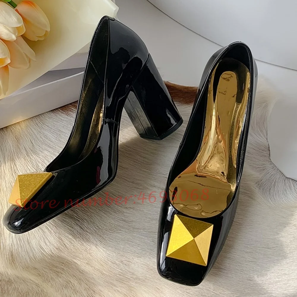 Metal Rivets Pink Women Pumps High Chunky Heels Dress Shoes Summer Square Toe Shiny Leather Pumps Fashion Office Ladies Pumps