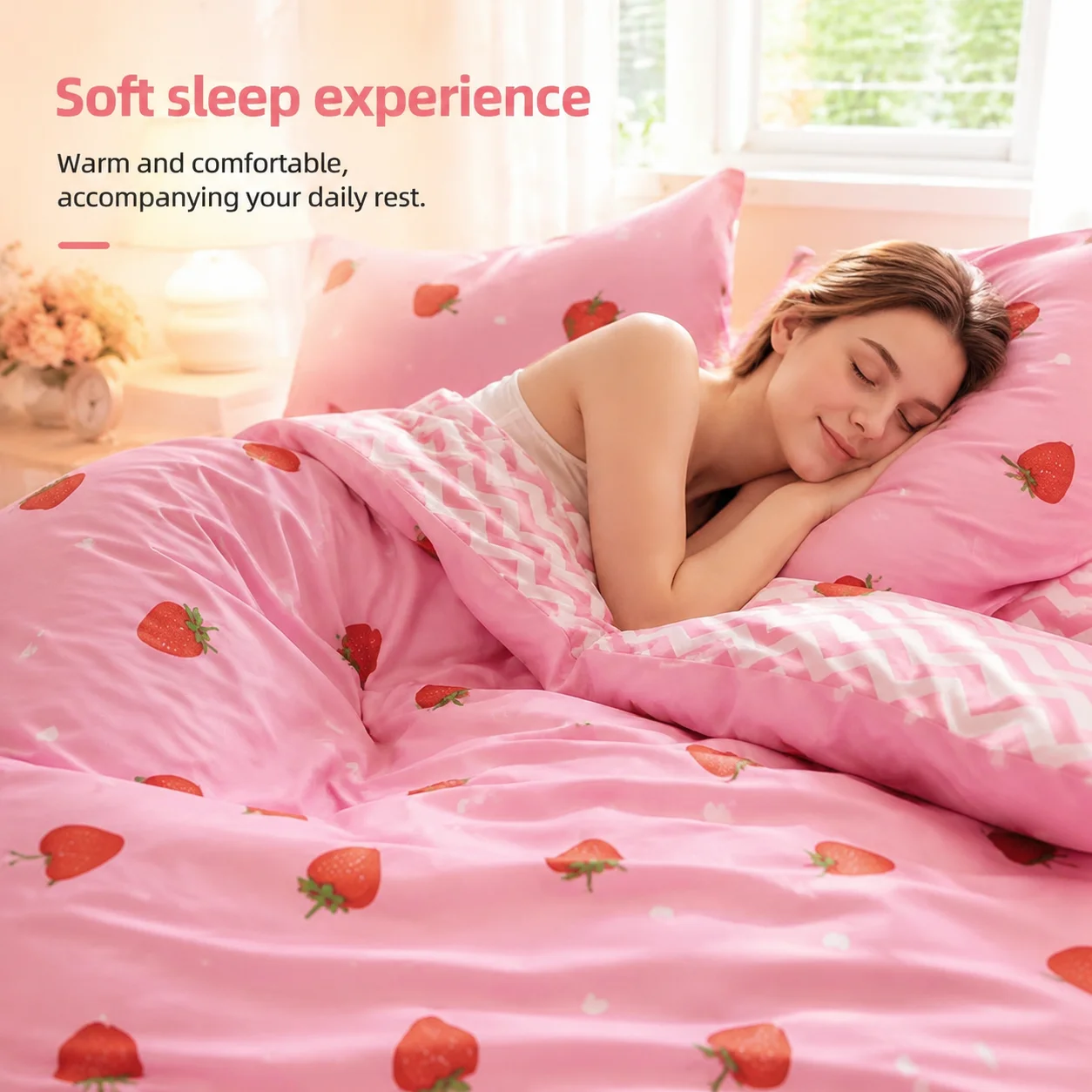 This Pink Strawberry Pattern Duvet Cover Set Is Soft, Comfortable, and Skin-Friendly A Cute and Adorable Bedding Set Suitable for Girls, Children, and Teenagers. The Soft Bedspread Includes Pillowcases. Available in Twin, Full, Queen, and King Sizes.