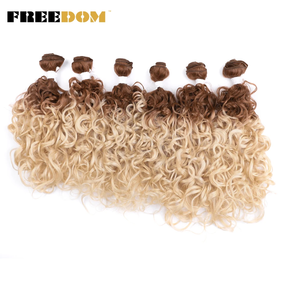 

FREEDOM Synthetic Curly Hair Weave 18 20 22 inch 6pcs Hair Bundles Ombre Brown Blonde High Temperature Fiber Hair Extensions