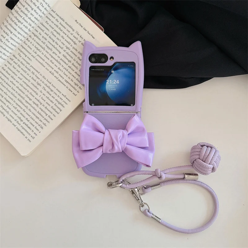 

Stylish 3D PU leather bow phone case for Samsung Galaxy Z Flip5 6 zflip4 flip3 5G Korean Cute cat ear folding screen with chain