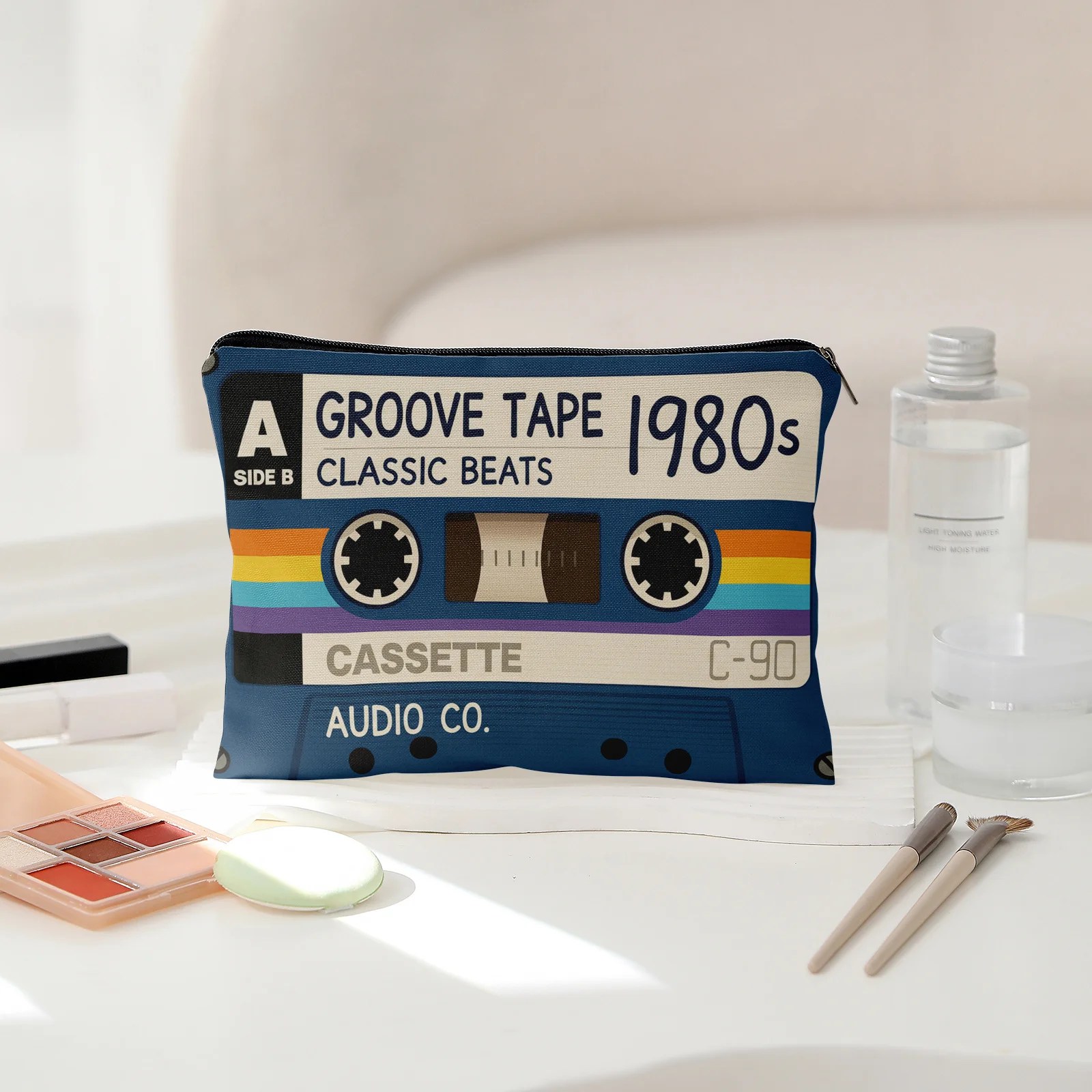 1Pc "Groove Tape 1980S" Retro Tape Design Multifunctional Travel Makeup Bag, Snack Storage Bag, Stationery Storage Bag, Fashionable Toiletry Bag, Canvas Double-Sided Printed Zipper Pouch - view 6