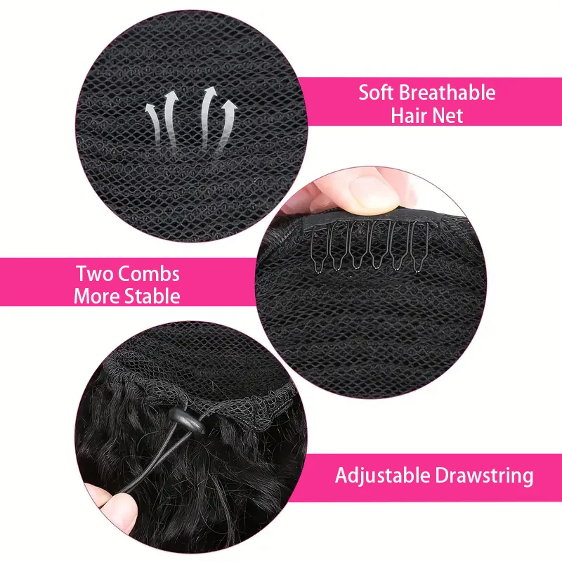 Extensions de queue de cheval bouclées Deep Water Wave avec clips, Wstring de proximité, document noir naturel, cheveux 100% humains