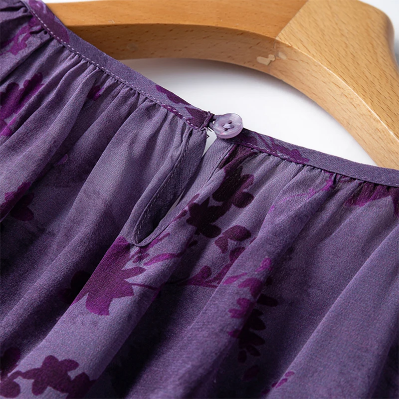 Damen-Seidenbluse, 100 % Maulbeer-Krepp-Seide, lila Blumenmuster, lockerer Pullover, Top, Hemd, 2025, Bürodame, Arbeit, M1304