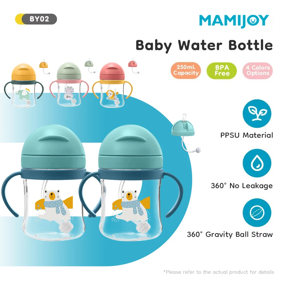 

MAMIJOY 2PCS 250ML Baby Water Cup Handle With Straw＆Dust cover＆Gravity Ball Learning Drinking Cup Newborn Water Cup BPAFree BY02