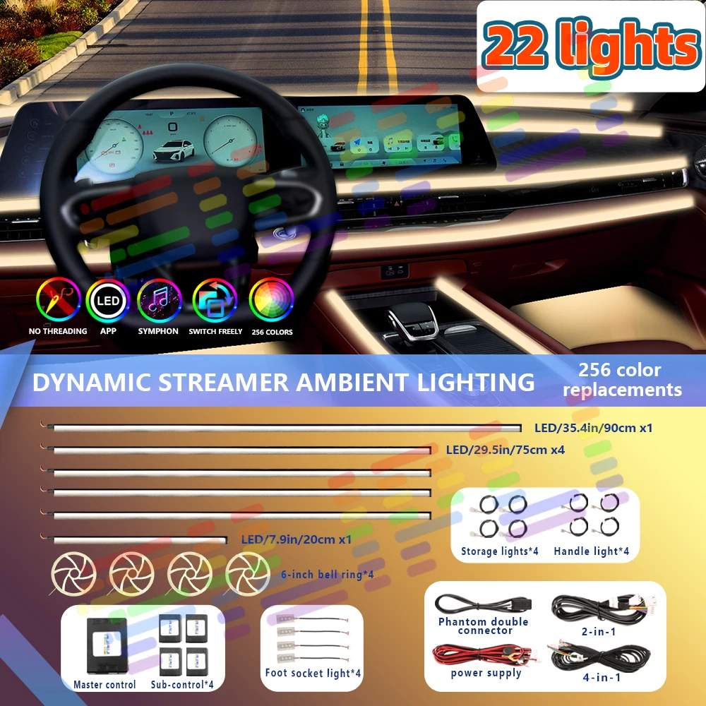 22 in 1 Neon Atmosphere Lighting 140cm Symphony LED Car Ambient Lights RGB 64 Colors Interior Rainbow Acrylic Strip Kit App