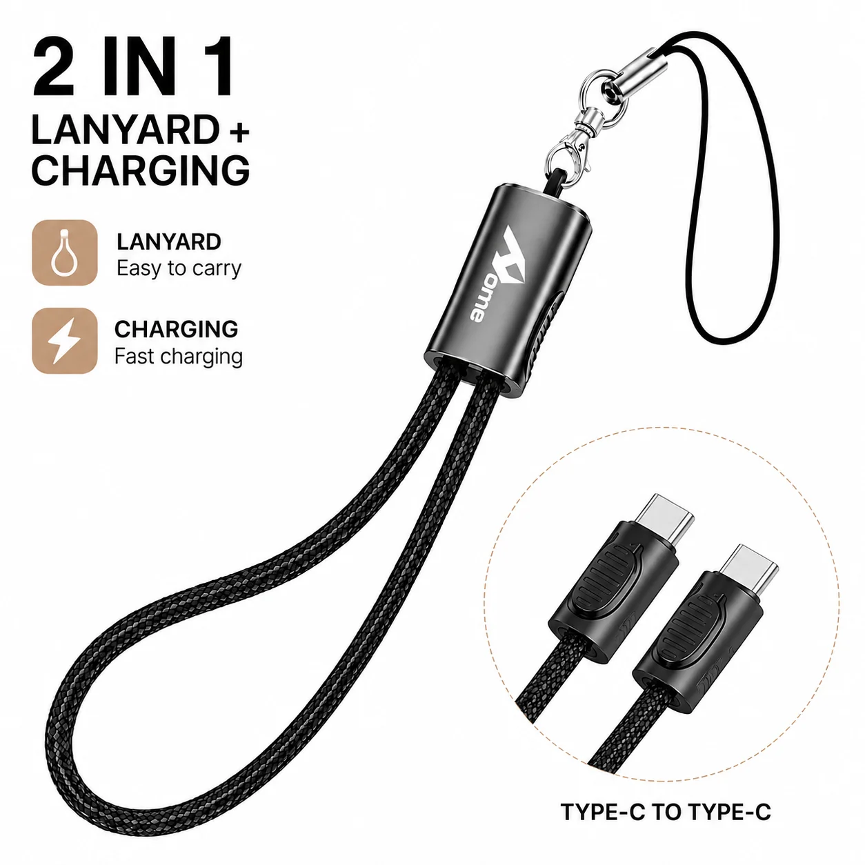 USB-C naar USB-C kabel 60W 2-in-1 met hangriem |     Pd Snelladen |     30 cm draagbare sleutelhangerkabel voor mobiele telefoon, tablet en meer