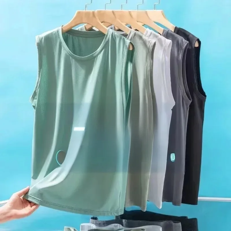 Męska kamizelka z siateczki lodowego jedwabiu Lekka sportowa odzież letnia T-shirt bez rękawów Tank Top Casual Fashion Odzież wierzchnia — zdjęcie 2