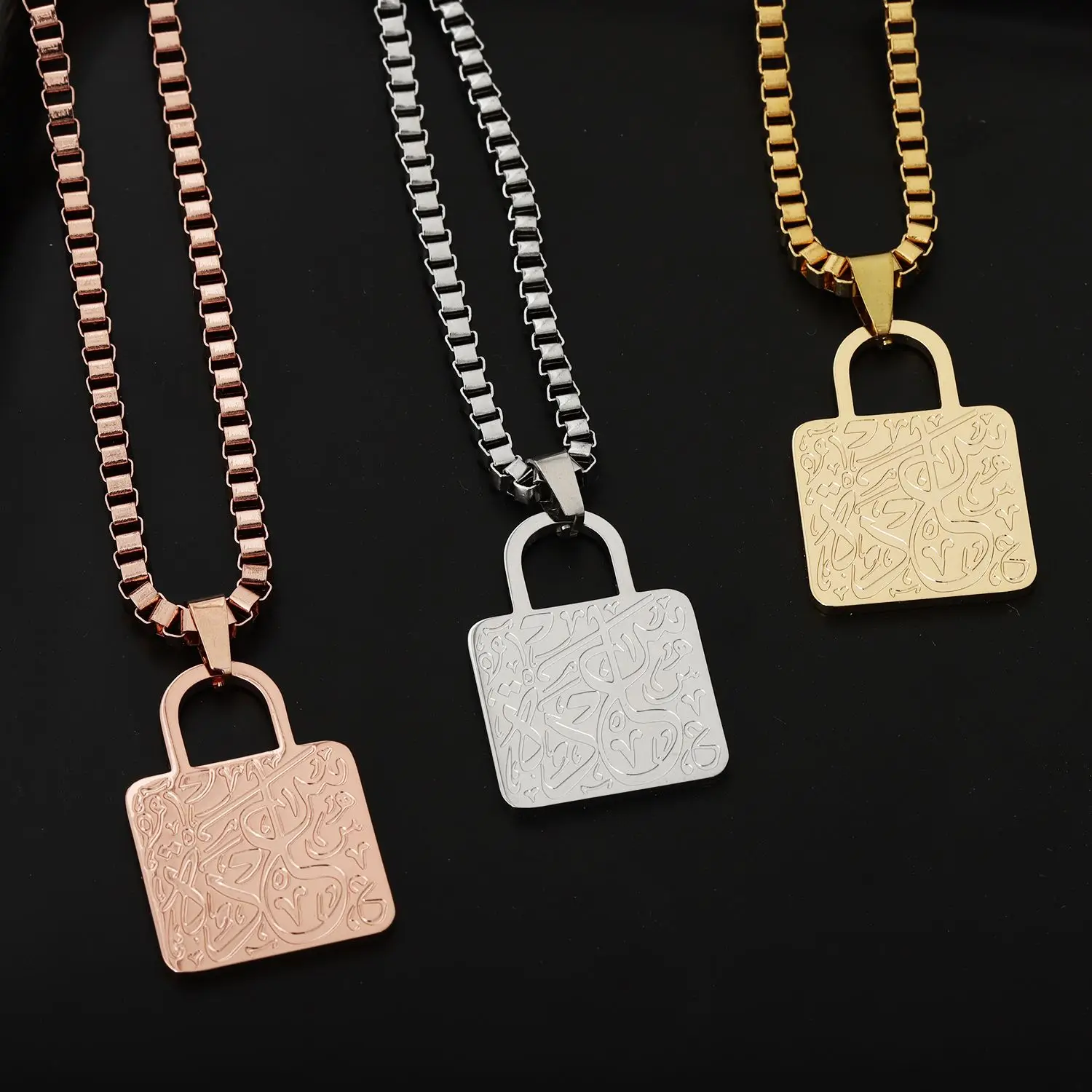 Lock of Happiness Personalized Arabic Pendant Box Chain Necklace 18K Gold Plated Stainless Steel Jewelry Eid Gift For Women