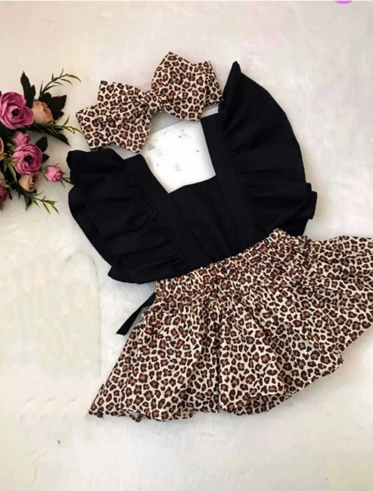 Baby Girl Child Frilly Salopette Bandana Leopard 2 Piece Set Mother Child Girl Baby Stylish Design New Quality Clothing Textile