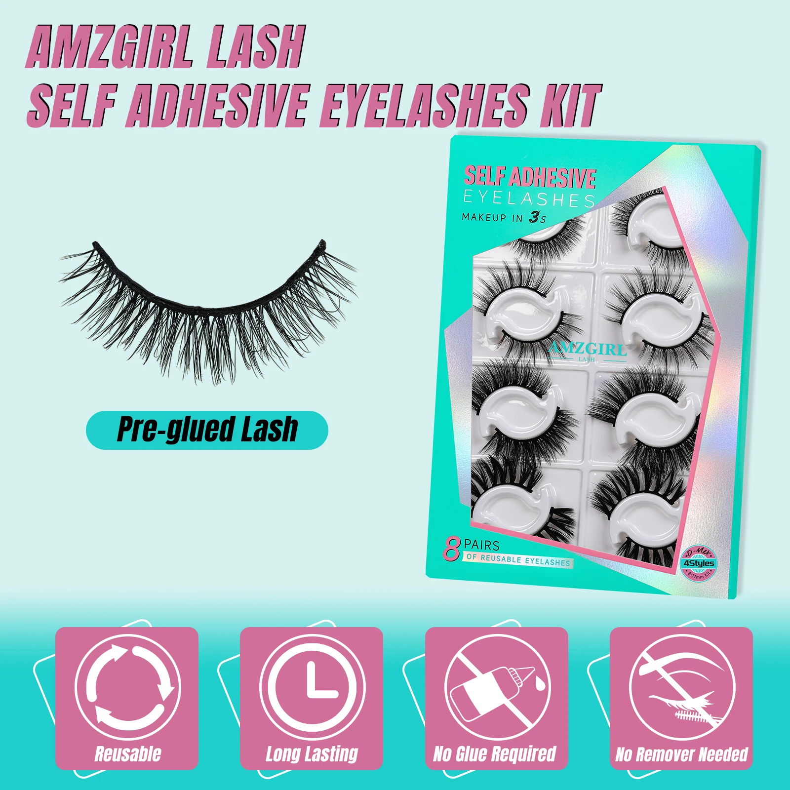 AMZGIRL-extensiones de pestañas autoadhesivas, 8 pares, sin pegamento, reutilizables, con pinzas