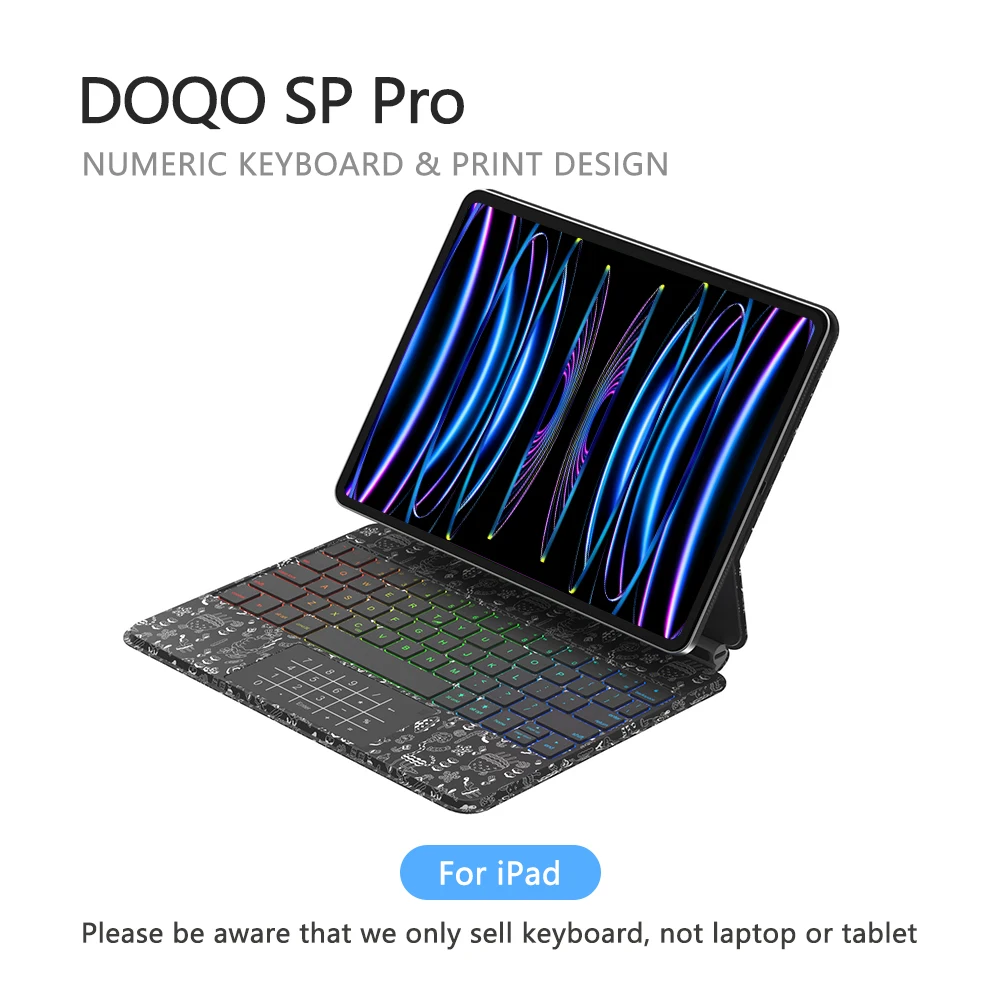 DOQO SP Pro: For iPad Leather Keyboard case，Backlight Wireless Keyboard with Trackpad&Numeric keypad，print design keyboard