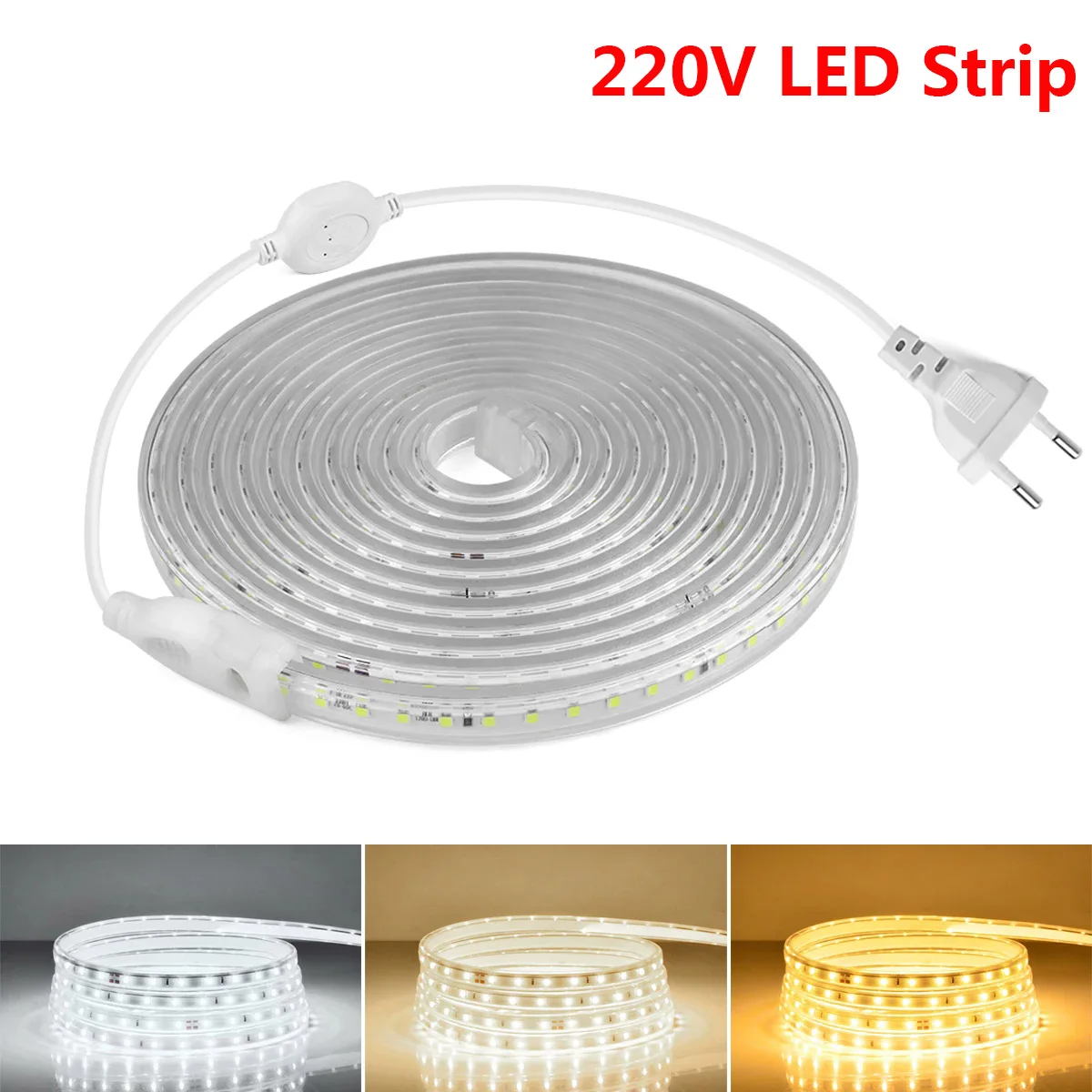 Impermeável LED Strip Lights com EU Power Plug, fita flexível, iluminação exterior, lâmpada para decoração de casa, alta qualidade, AC 220V