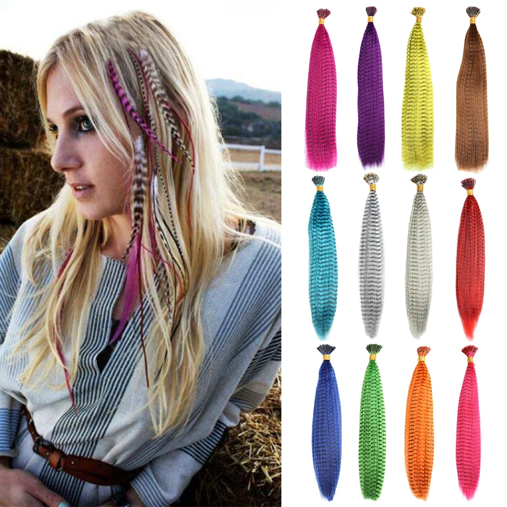 Extensión de cabello de plumas, 10,20,50 piezas de cabello falso, punta de pelo sintético arcoíris, 16 pulgadas