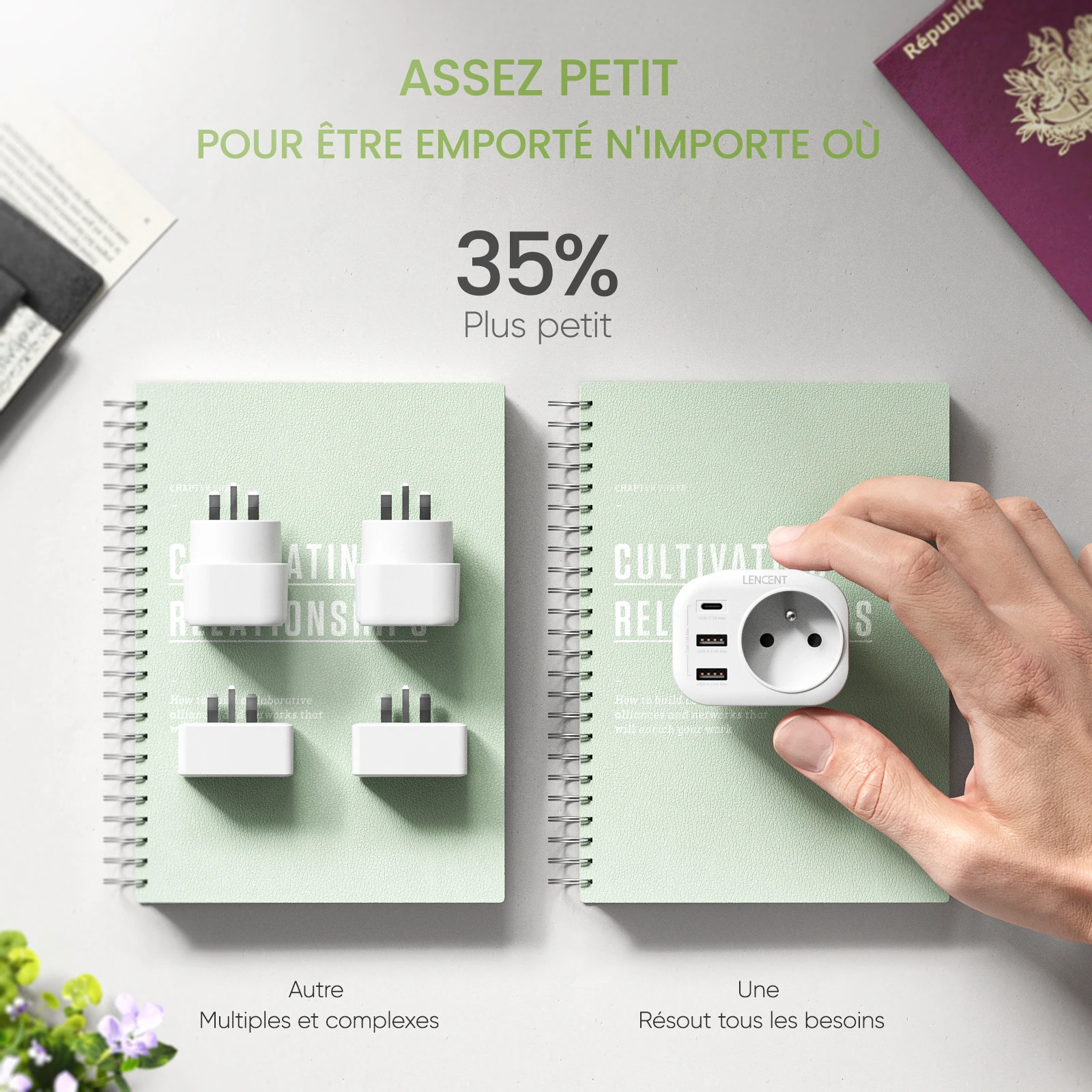 LENCENT 2 حزمة FR إلى المملكة المتحدة محول السفر مع 1 مخرج تيار متردد 2 منافذ USB و 1 نوع C 4 في 1 محول الجدار شاحن للمنزل/السفر