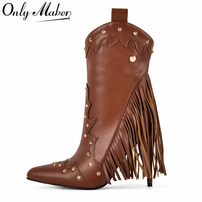 

Onlymaker Pointed Toe Rivet Fringe Stiletto High Heel Ankle Boots Mid Calf Boots Fashion Side Zipper Boots