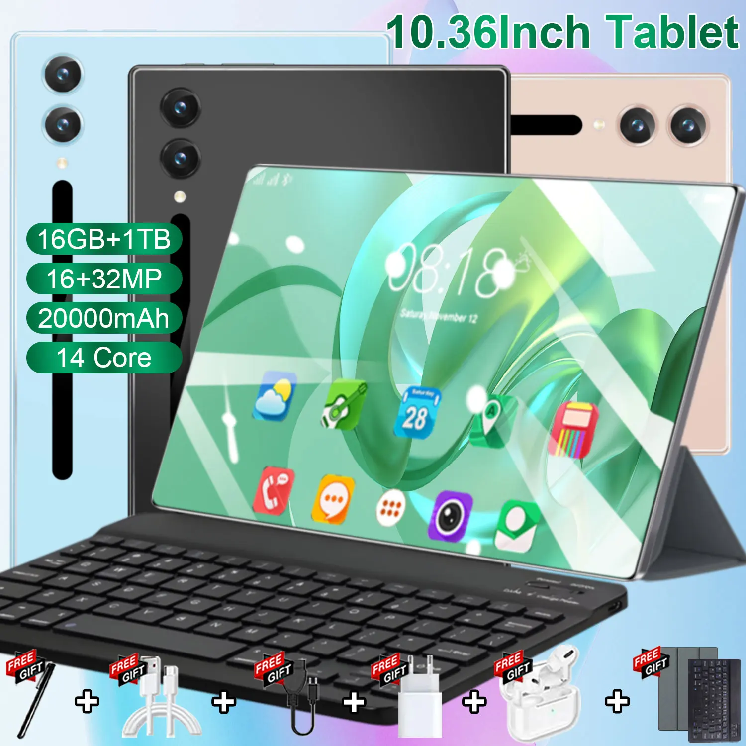 Tablet Global 2026 4K HD de 10.36 Pulgadas, Android 13, Batería de Alta Capacidad de 20000 mAh, 16 GB + 1 TB, Doble SIM, GPS, WiFi, BT