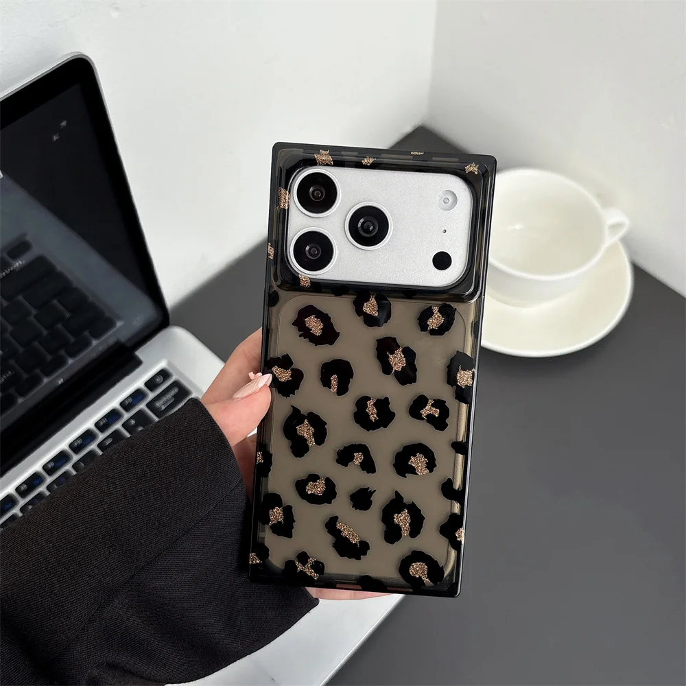 

New square glossy black panther pattern suitable for iPhone 17 Pro Max 14/15/16 13 Pro Max anti drop protective case