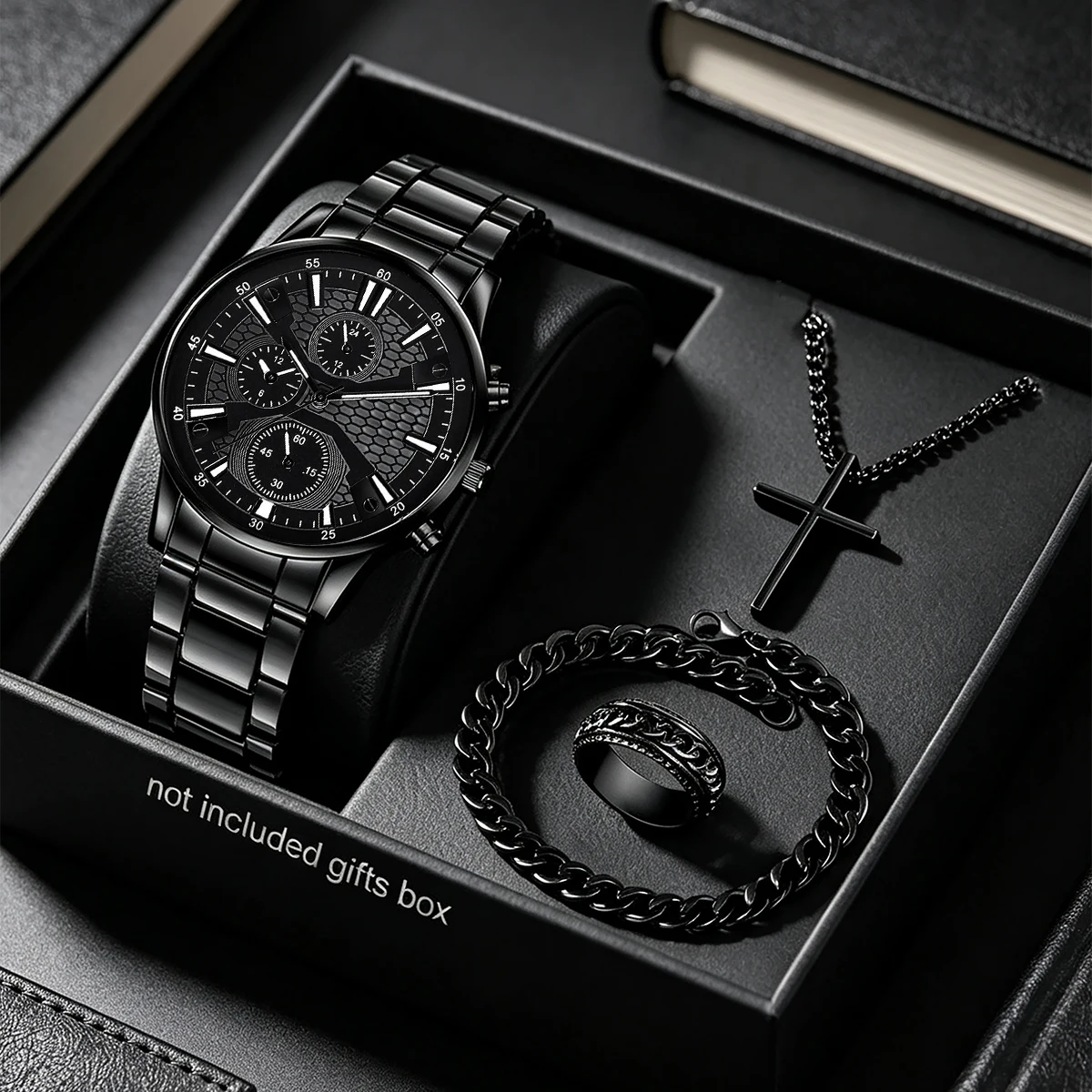 4-Piece Set, Men's Round Dial Quartz Watch with Bracelet, Necklace, and Ring Set, Stylish and Versatile, in Black, a Great Gift Choice, Suitable as a Holiday or Birthday Gift.